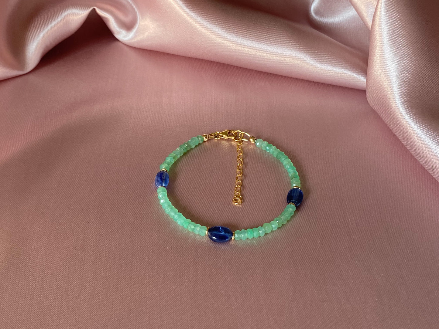 chrysoprase bracelet with blue kyanite in gold- above angle