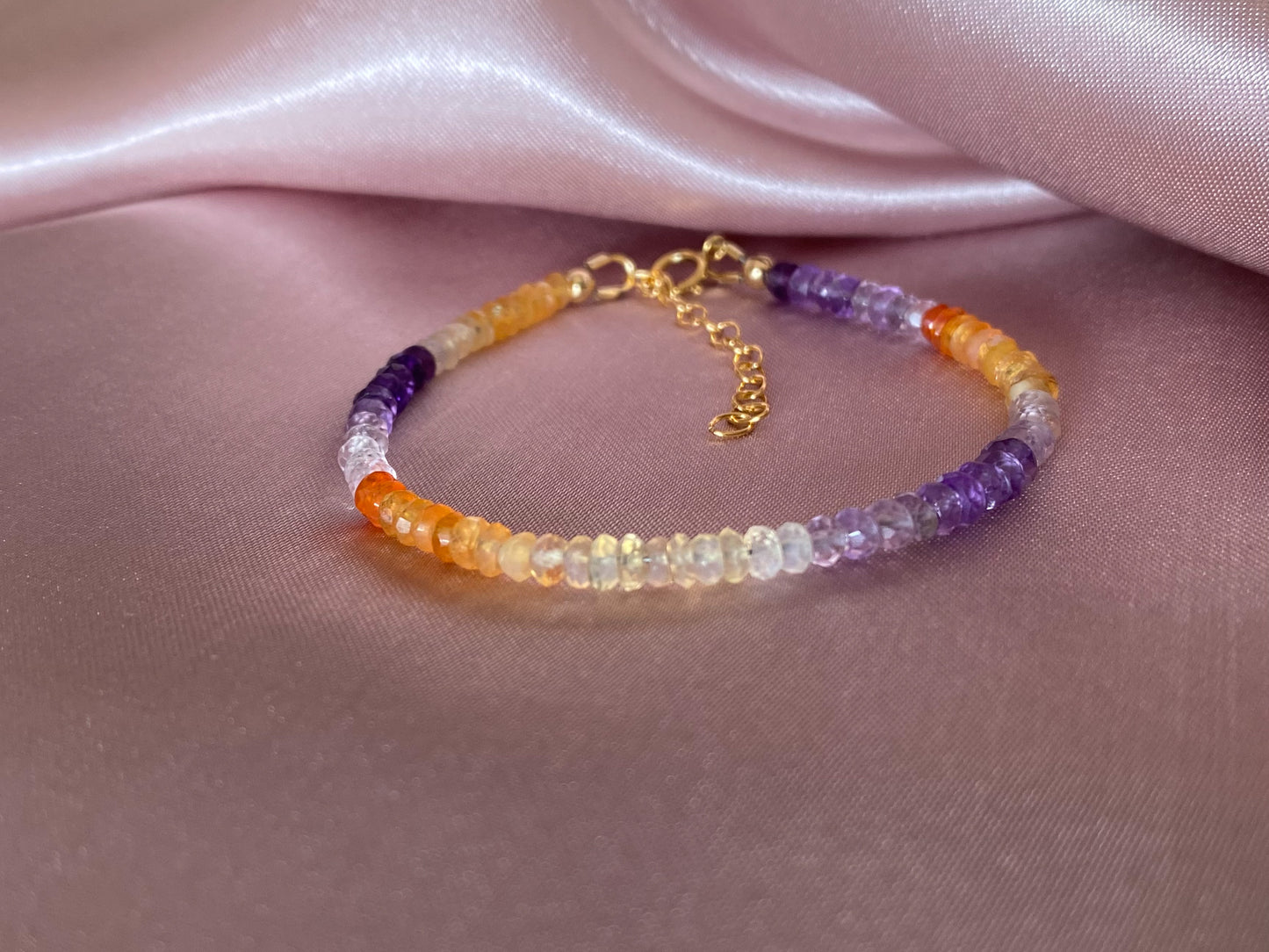 Mexican fire opal bracelet with shaded amethyst- close up