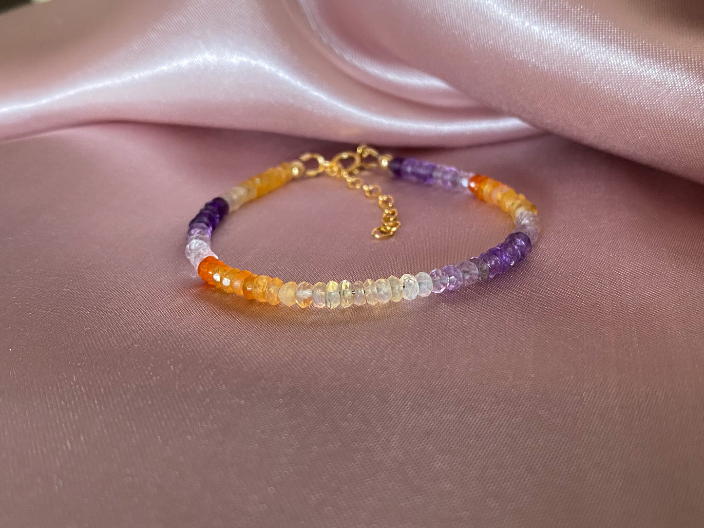 Mexican fire opal bracelet with shaded amethyst- close up