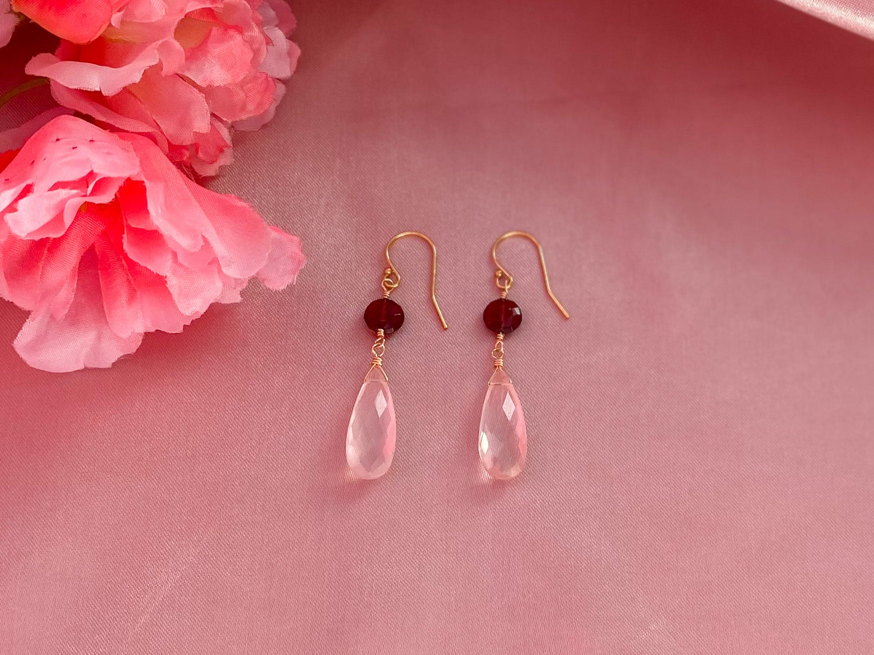 Rose quartz earrings, garnet dangle earrings, pink quartz drops, gemstone earrings, offers love earrings gold filled, romantic valentine's day gift