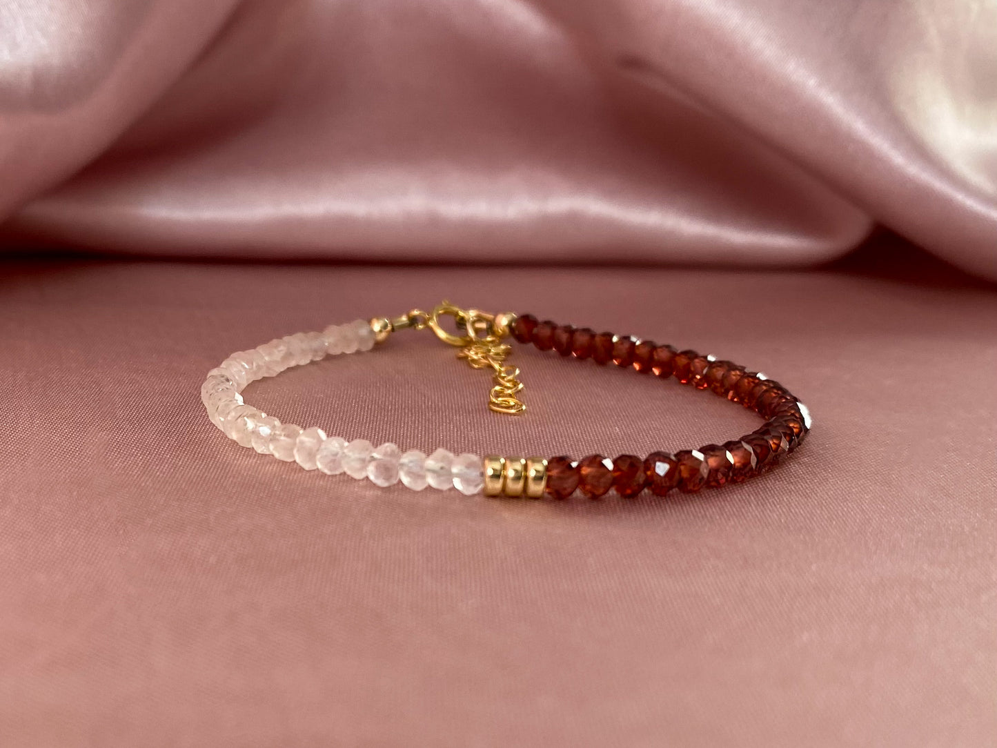 Manifest Love Bracelet- Rose quartz and Mozambique Garnet Gold Bracelet