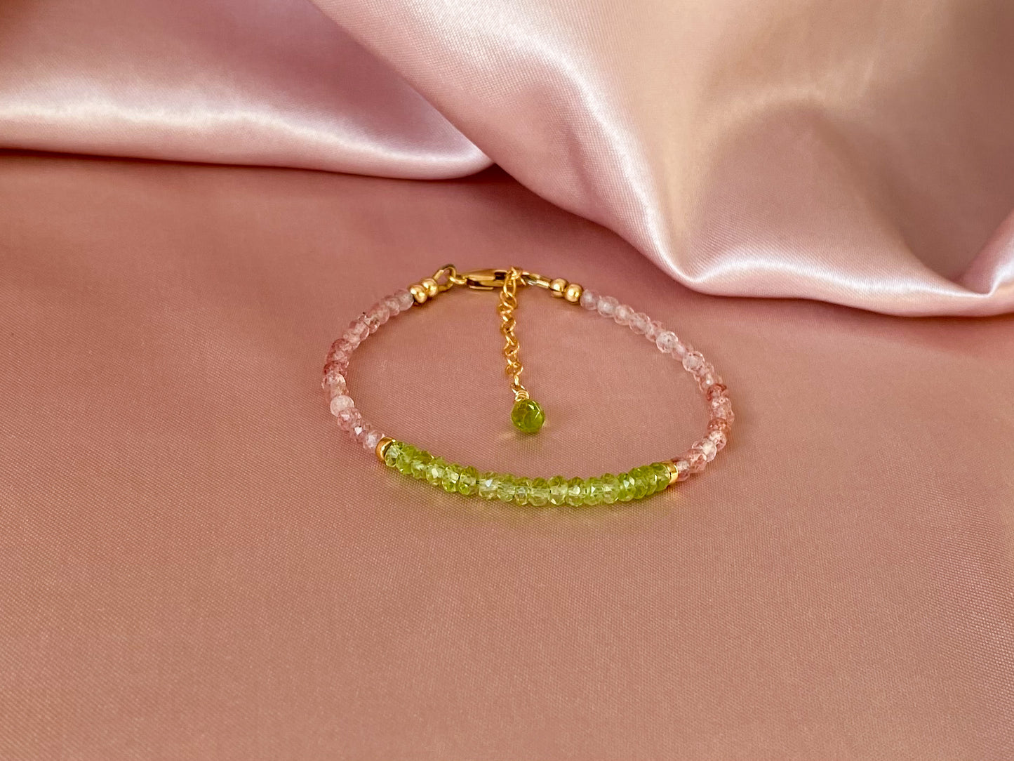 The Heart Chakra Bracelet- Peridot and Strawberry Quartz Beaded Bracelet