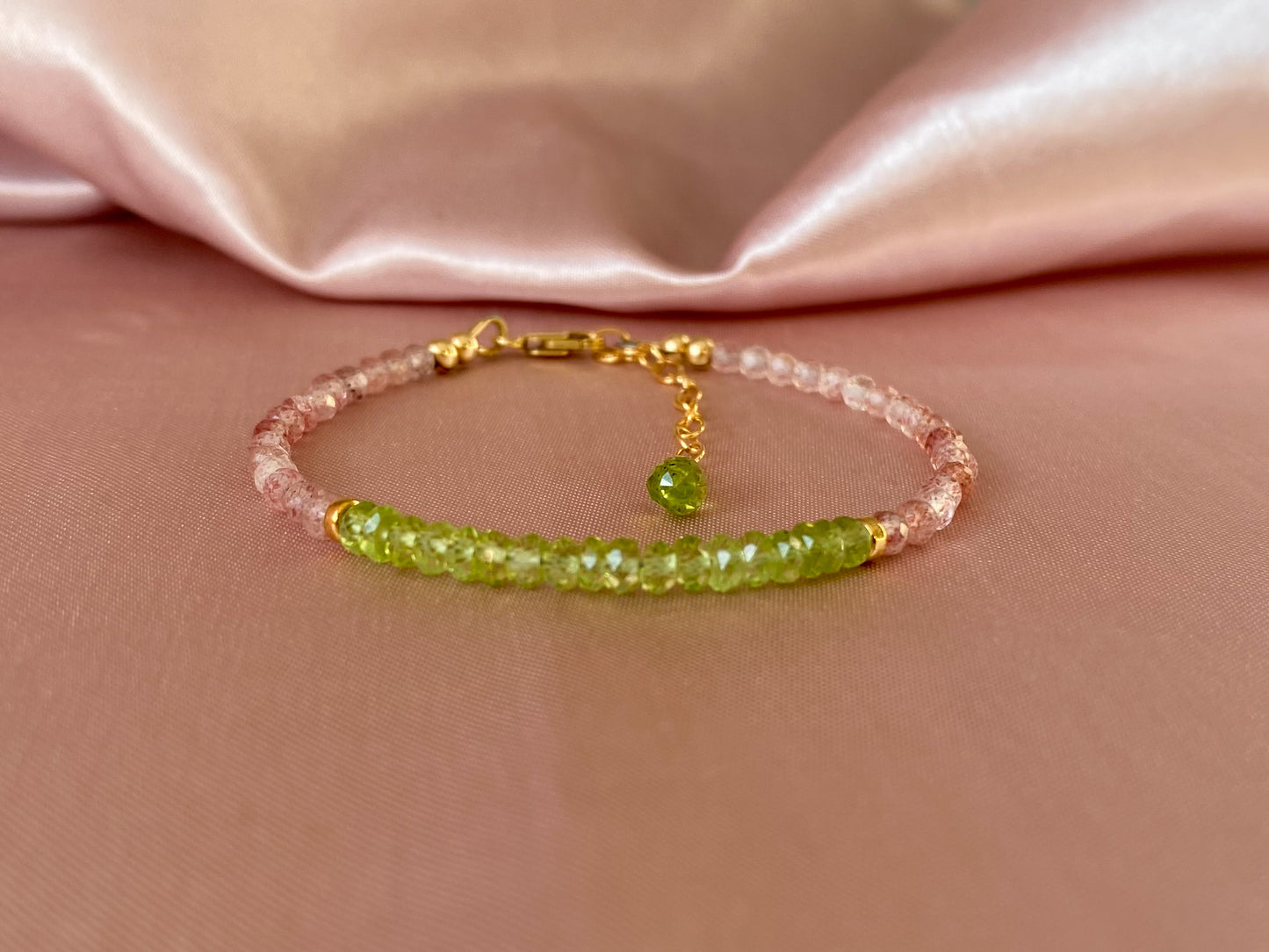 The Heart Chakra Bracelet- Peridot and Strawberry Quartz Beaded Bracelet