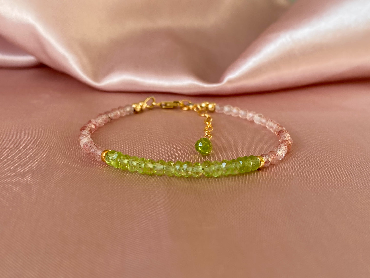 The Heart Chakra Bracelet- Peridot and Strawberry Quartz Beaded Bracelet