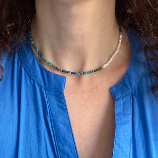 Chrysocolla Necklace with Freshwater Pearls in gold