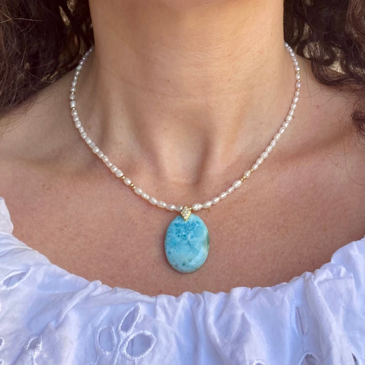 Larimar freshwater pearls necklace