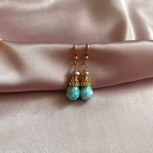 Gold larimar earrings with freshwater pearl