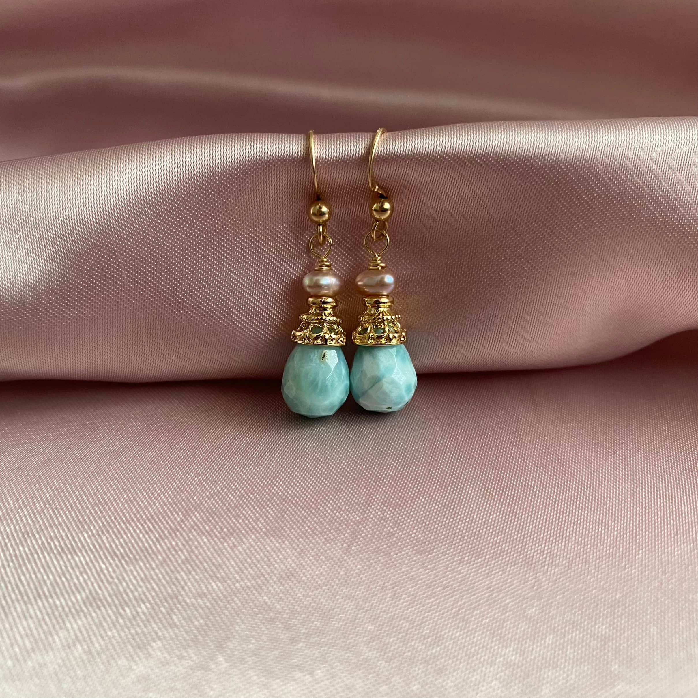 Larimar, Larimar Earrings, 14K Gold Filled online Earrings, Larimar Beads, Chandelier Earrings, Genuine Larimar, Gifts for Her, Handmade