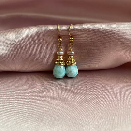 Gold larimar earrings with freshwater pearl