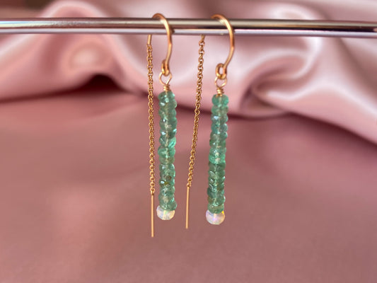 Zambian emerald threader earrings with Ethiopian opal