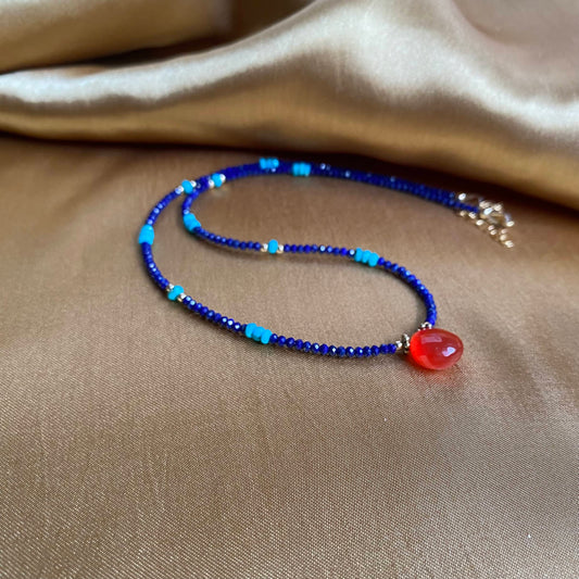 lapis lazuli necklace with Arizona turquoise and carnelian
