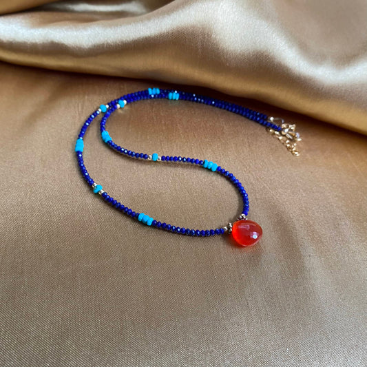 lapis lazuli necklace with Arizona turquoise and carnelian