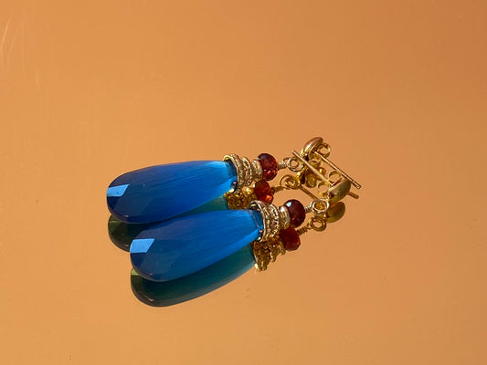 Blue cat eye quartz and Mozambique garnet gold vermeil earrings