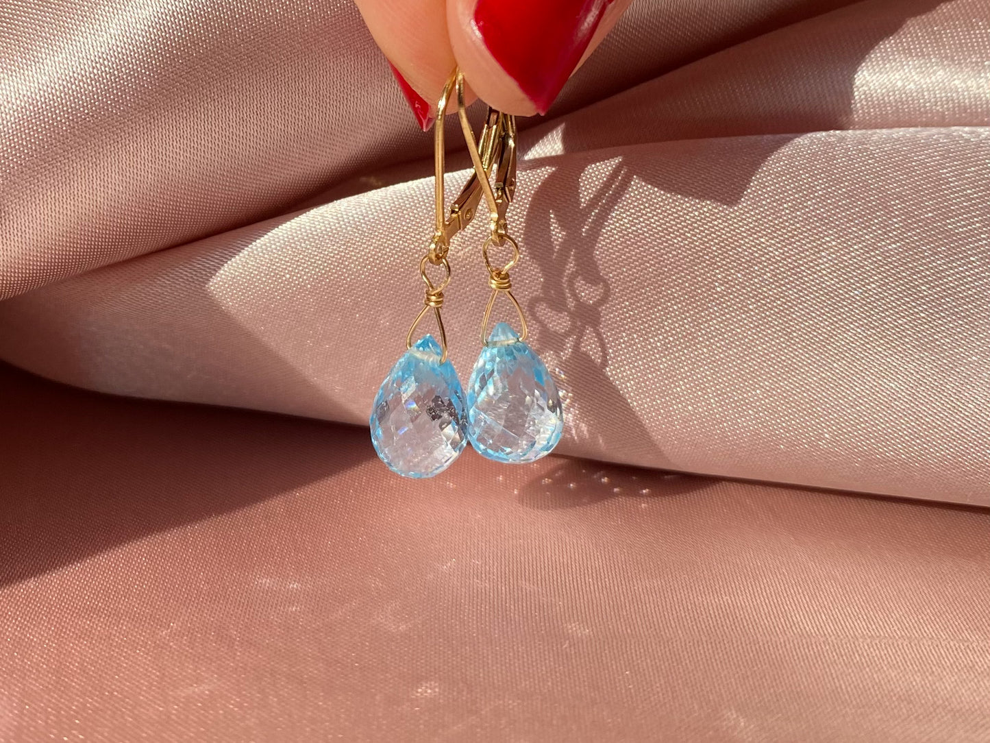 Sky blue topaz gold leverback earrings  