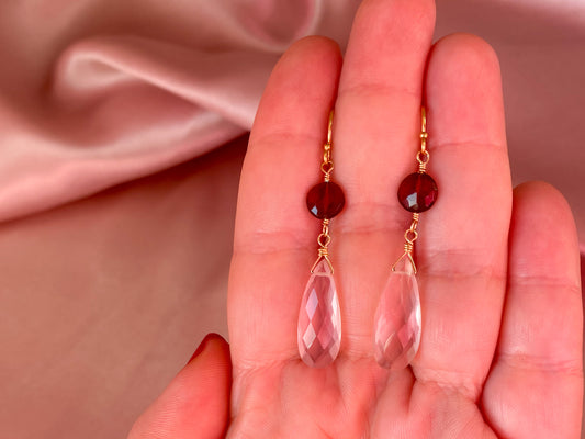 Natural rose quartz dangle earrings with Mozambique garnet