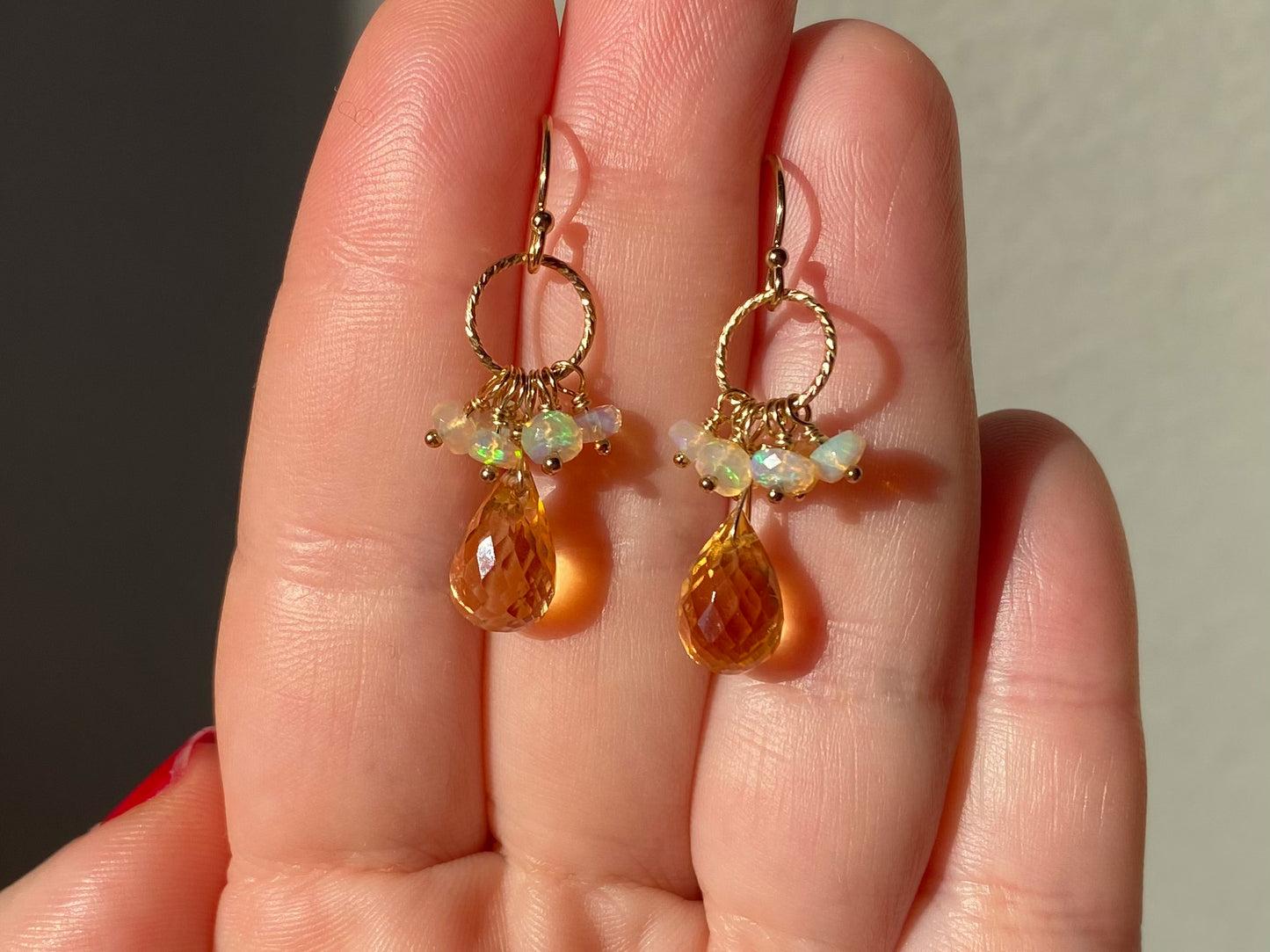 Gold Citrine and Ethiopian Opal Dangle Earrings