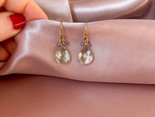 Green Amethyst and Pink Amethyst Gold Earrings for Amethyst Lovers