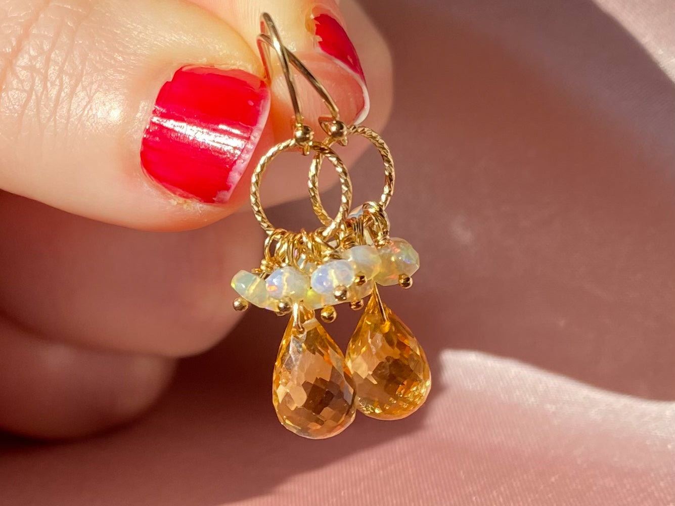 Gold Citrine and Ethiopian Opal Dangle Earrings