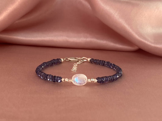 Iolite Beaded Bracelet with Rainbow Moonstone Karen Hill Tribe